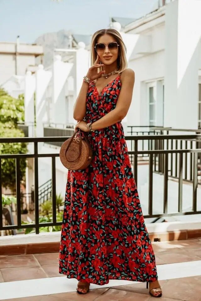 Boho maxi sukienka w kwiatowy wzór na lato – Yara-Czerwony-S-Trend Polska