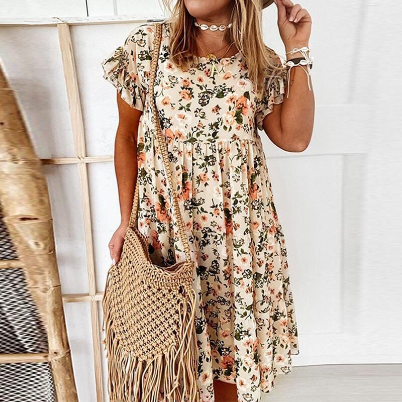 Boho-sukienka w kwiaty z falbankami i taliowanym krojem – Calista-Beżowy-S-Trend Polska