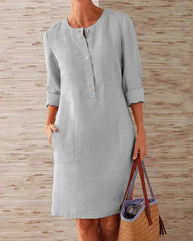 Elegancka letnia sukienka z guzikami – Allegra-Szary-S-Trend Polska