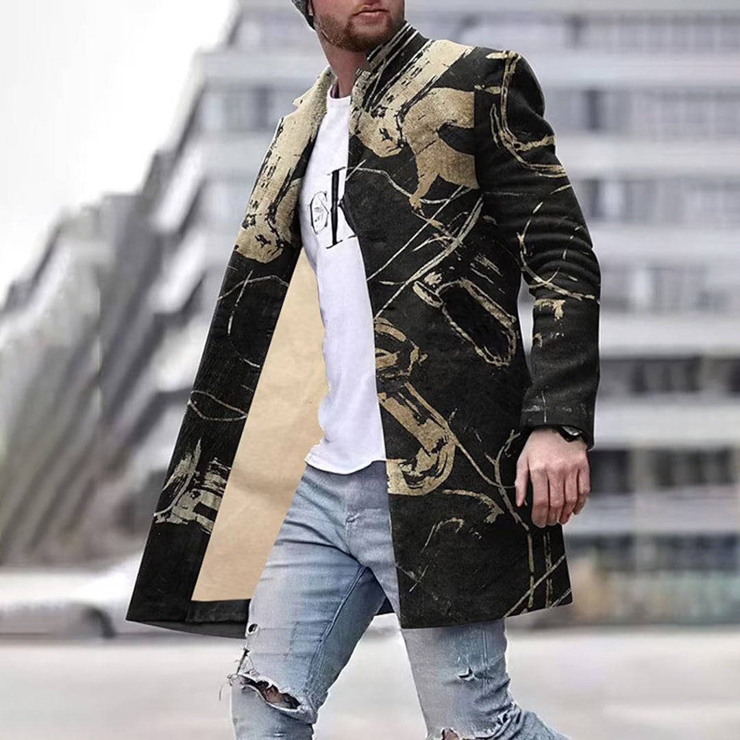 Modny płaszcz męski z unikalnym wzorem - Laurent-Czarny-S-Trend Polska
