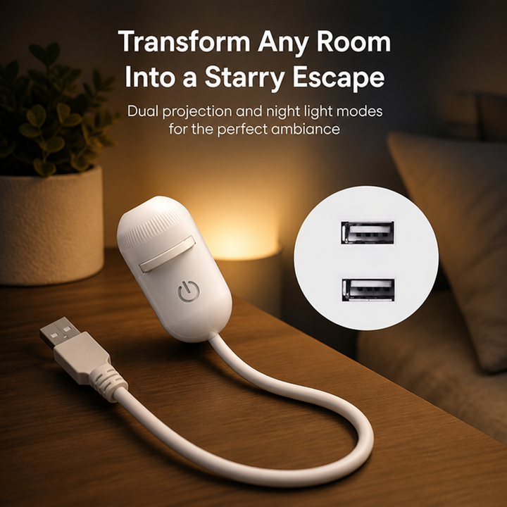 Biała kapsułkowa lampka z przyciskiem i kablem USB na drewnianej szafce, obok ciepłe światło, roślina i okrągły wstawiony widok dwóch portów USB. 1