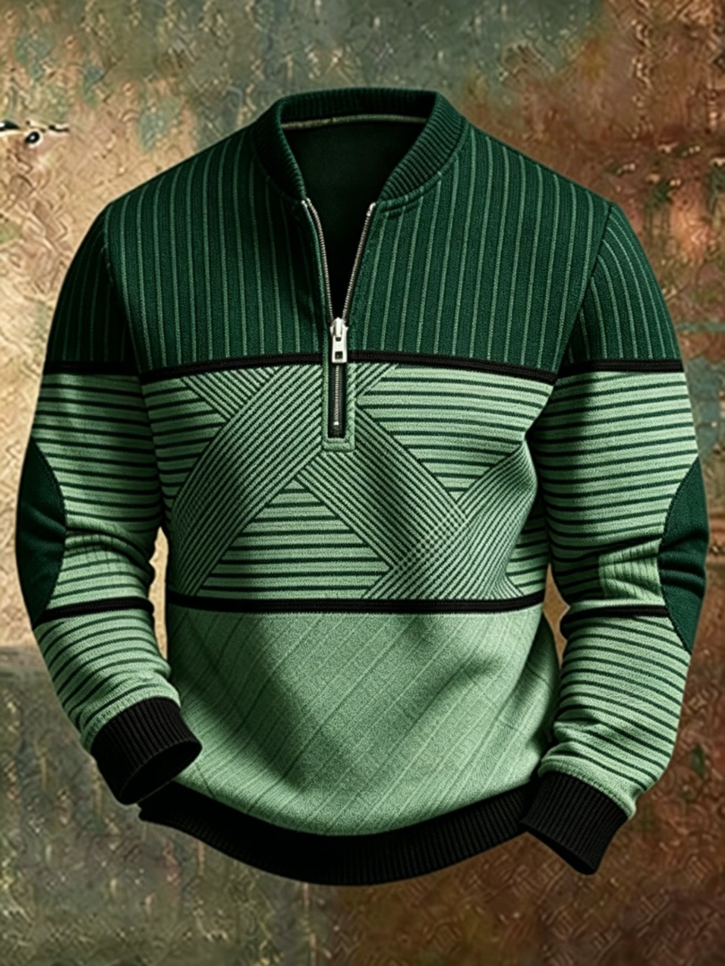 Sweter w zielonej wersji, od butelkowej zieleni po miętę, z czarnymi ściągaczami, zamkiem pod szyją i geometrycznym wzorem. 5