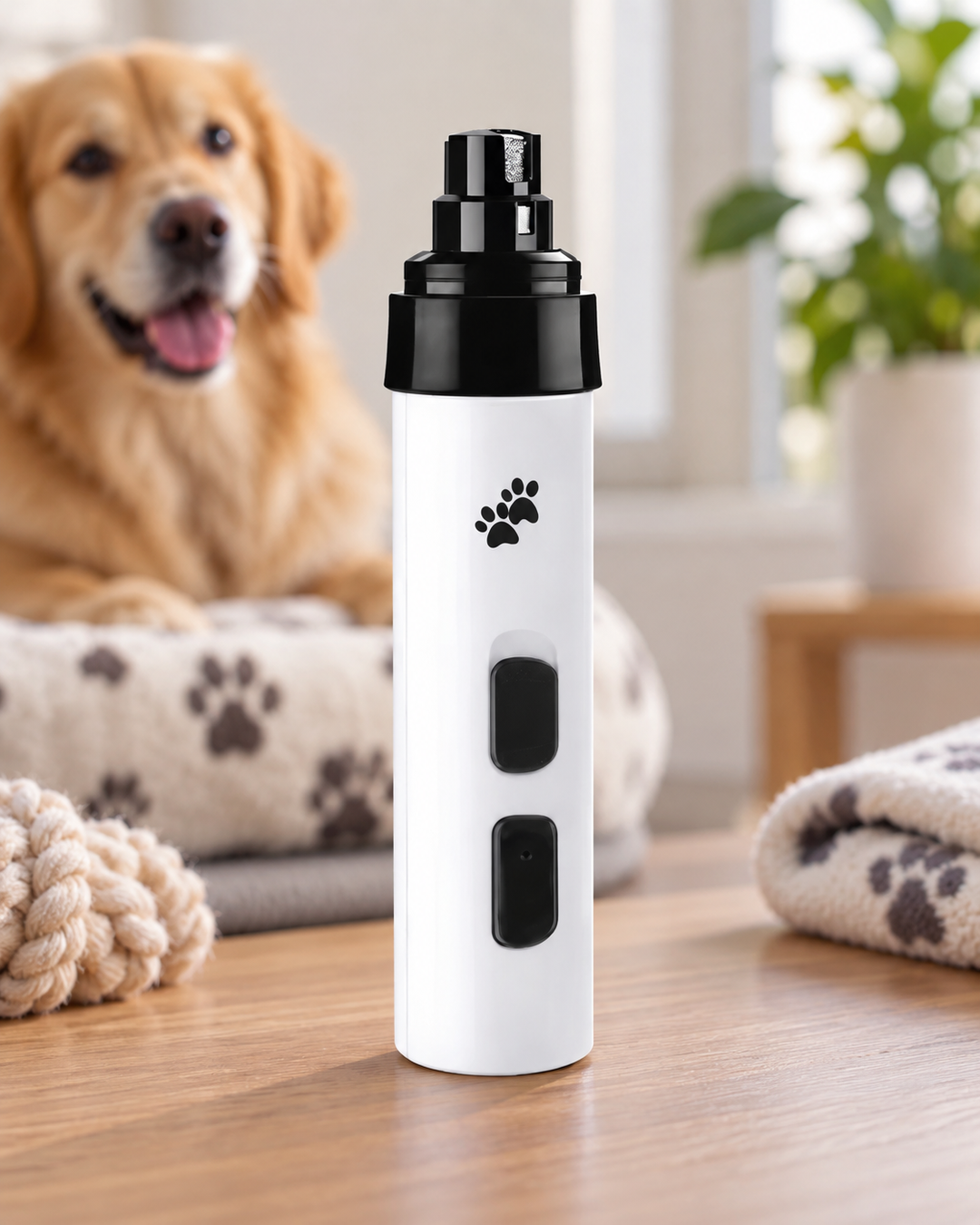 Biało-czarny grinder do pazurów stoi na drewnianym blacie, w tle uśmiechnięty golden retriever na legowisku 1