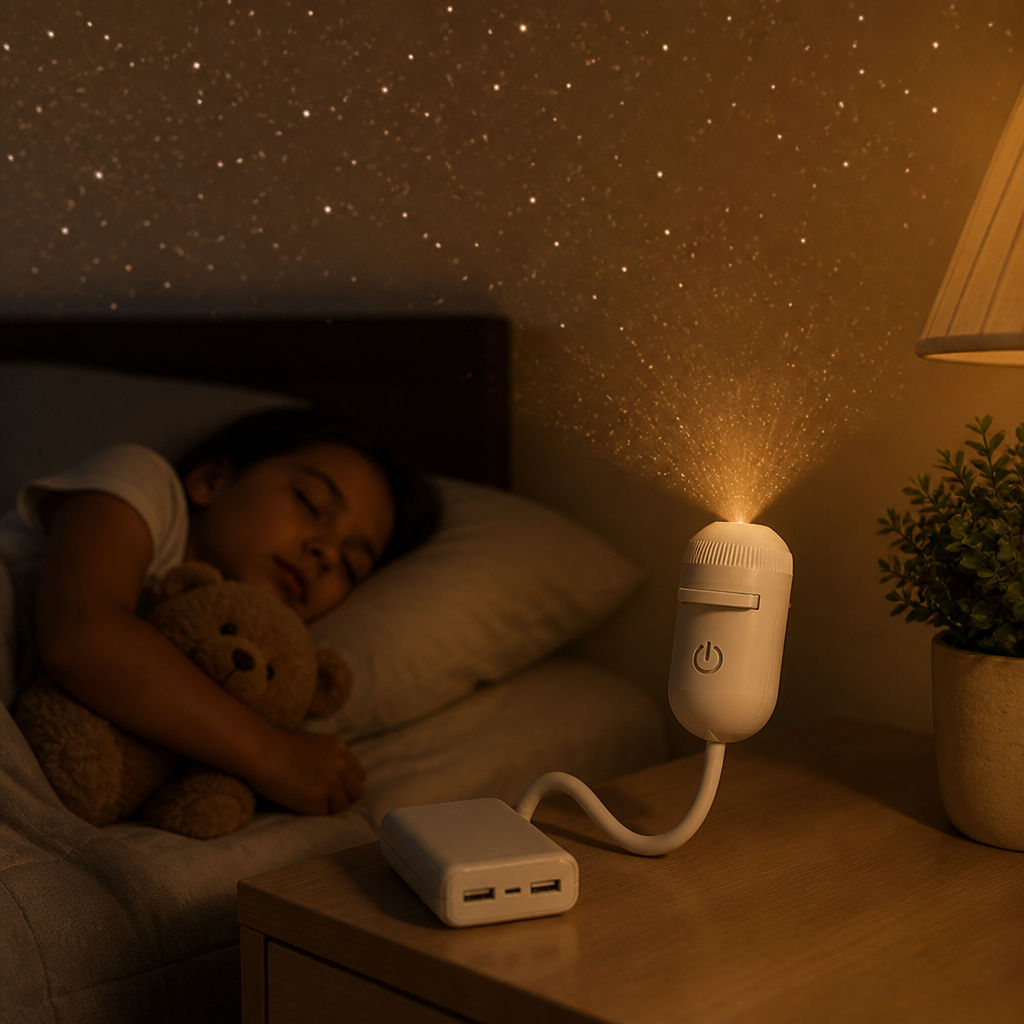 Śpiące dziecko przytula pluszowego misia, a lampka na szafce nocnej, zasilana powerbankiem, rzuca na sufit złote gwiazdy. 4