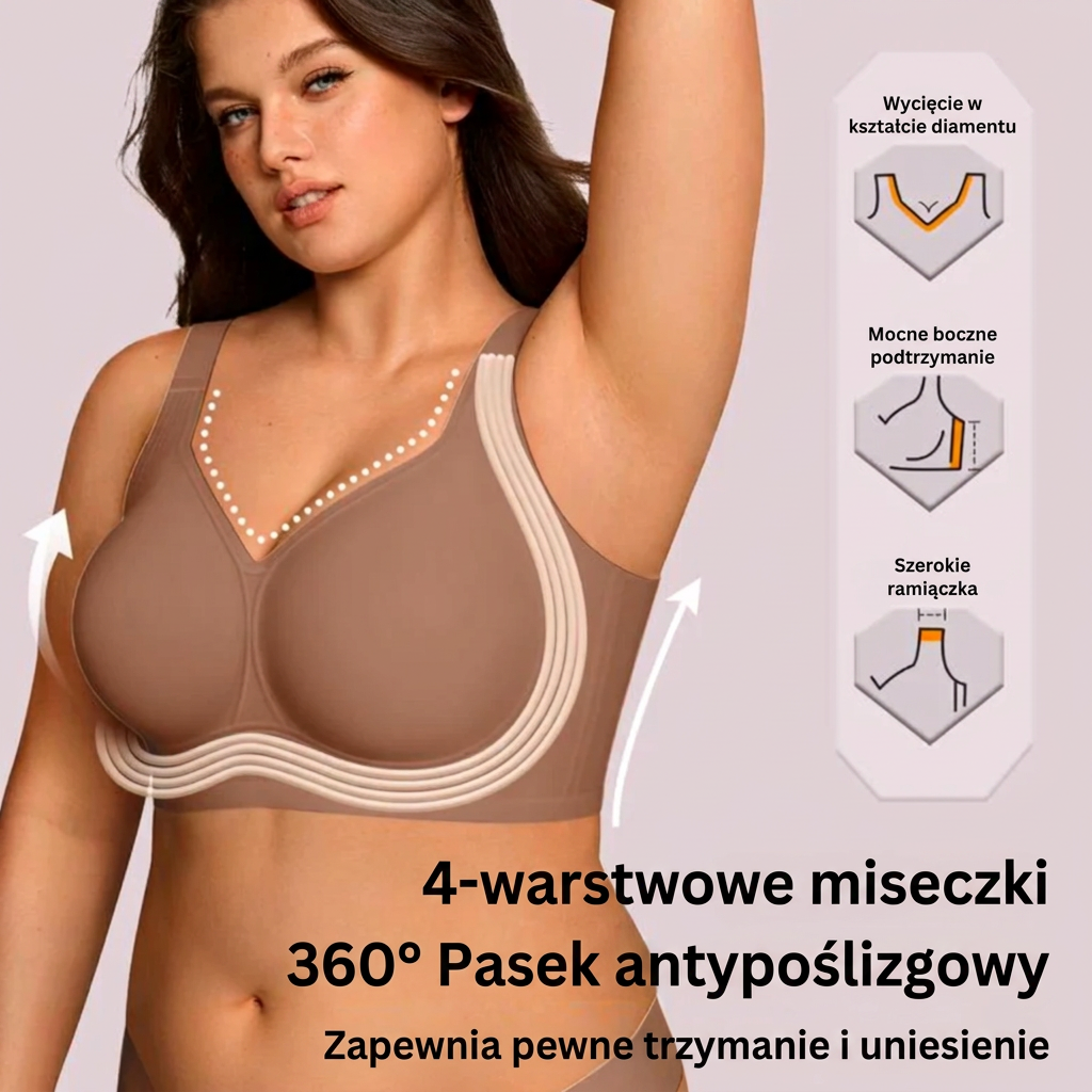 Brązowy biustonosz na modelce z uniesioną ręką, strzałki i ikony pokazują dekolt, wsparcie boczne i ramiączka 9