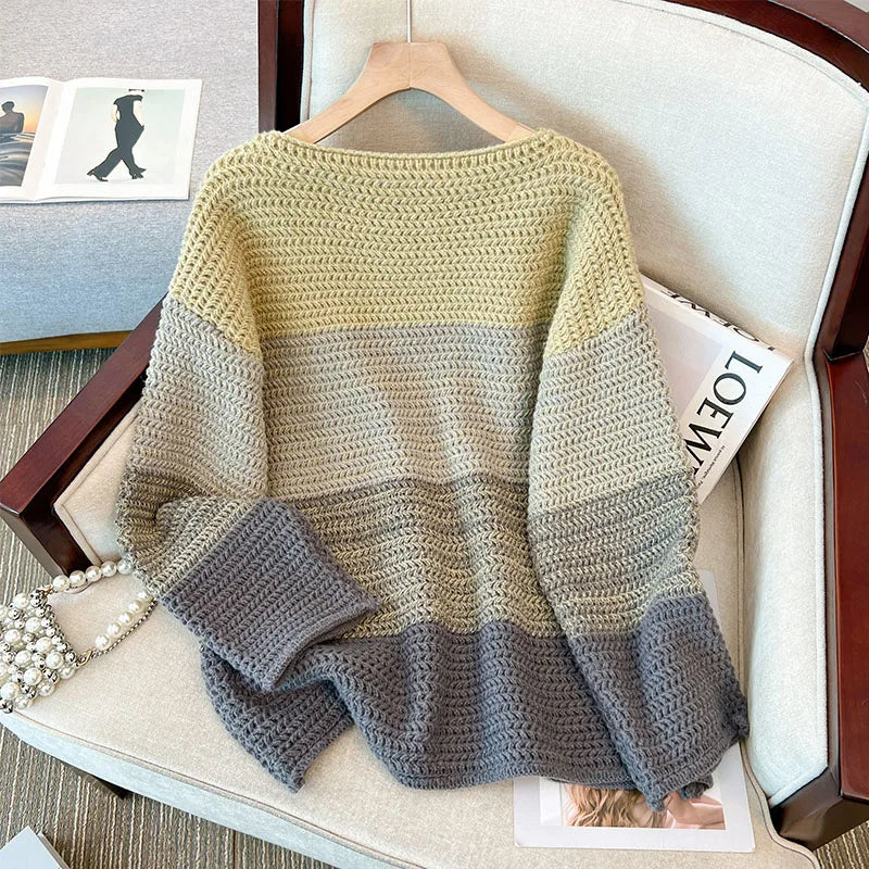 Damski oversize sweter dzianinowy z wzorem patchworkowym – Melina