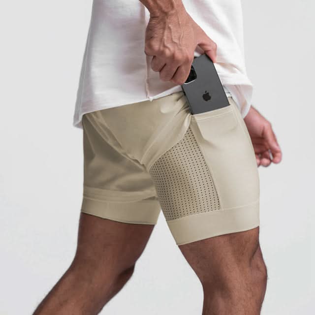 2-w-1 Męskie szorty sportowe oddychające z wewnętrznymi szortami do treningu - Noah-Khaki/Khaki-S-Trend Polska