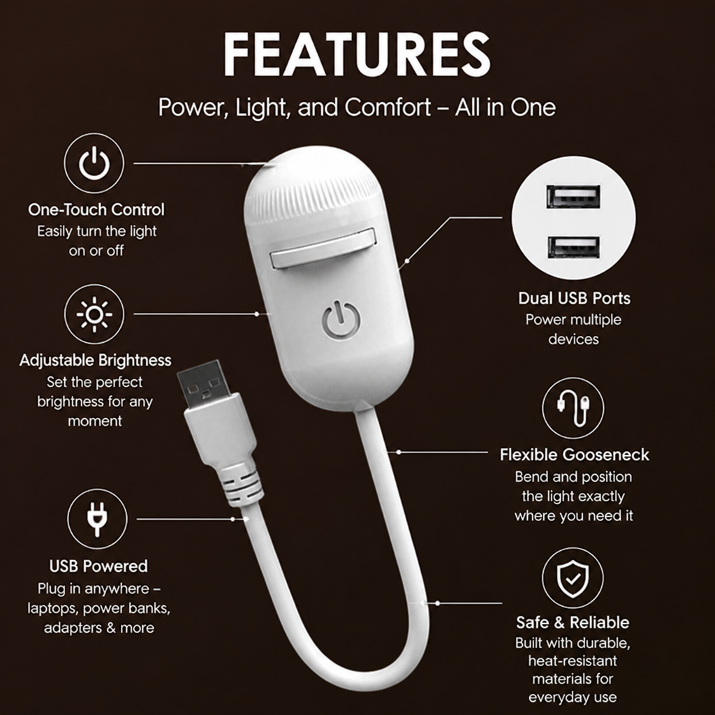 Infografika z lampką na ciemnym tle, pokazująca przycisk, regulację jasności, zasilanie USB, dwa porty, giętką szyjkę i trwałe, odporne na ciepło wykonanie. 7
