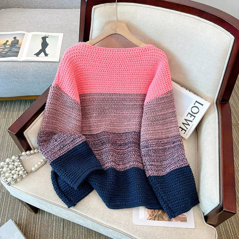 Damski oversize sweter dzianinowy z wzorem patchworkowym – Melina