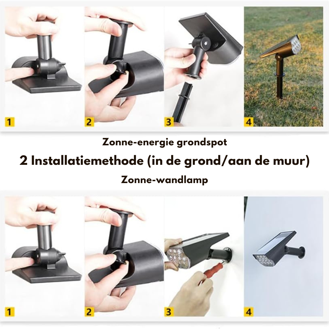 Instrukcja montażu w czterech krokach w dwóch wariantach: naświetlacz wbijany w trawnik na szpikulcu albo przykręcany do ściany. 7