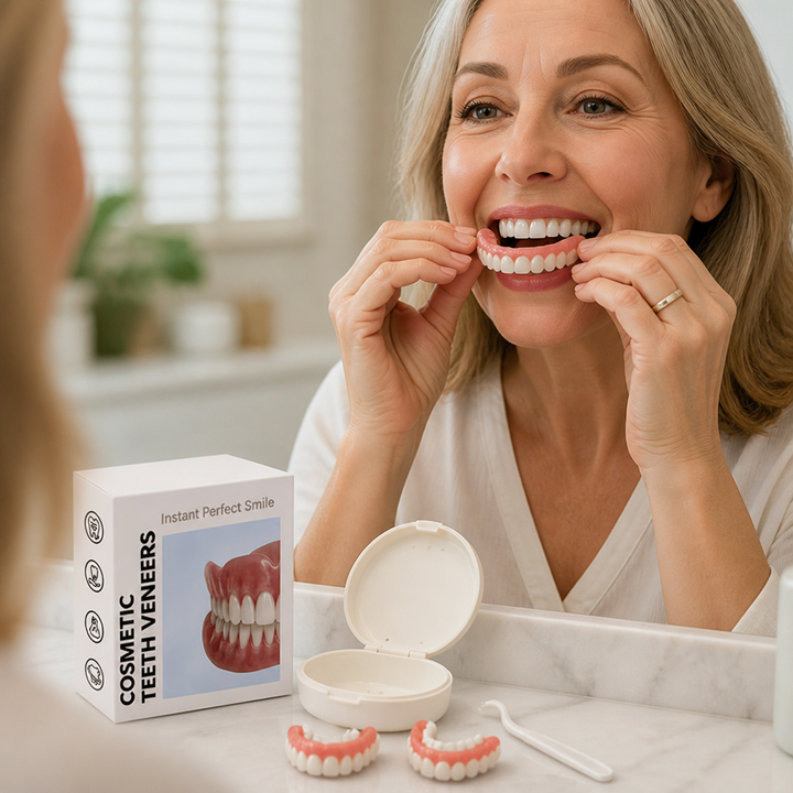 Uśmiechnięta kobieta zakłada górną nakładkę przed lustrem, na blacie leżą pudełko, otwarty pojemnik i druga nakładka 3