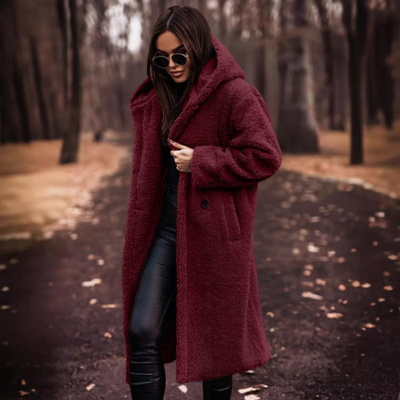 Długi damski teddymantel z kapturem – Maren