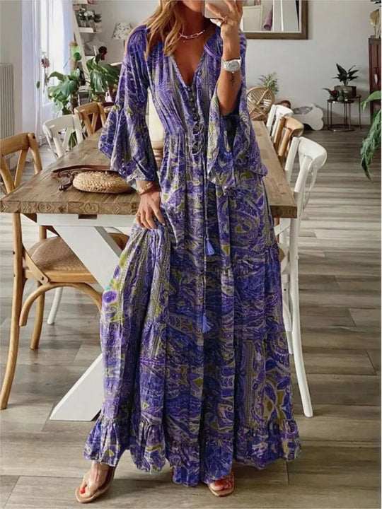Sukienka maxi w stylu boho o płynnym kroju i detalach – Amira