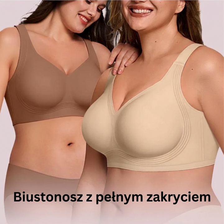 Dwie uśmiechnięte modelki w biustonoszach o pełnym pokryciu, brązowym i beżowym, grafika z napisem 7