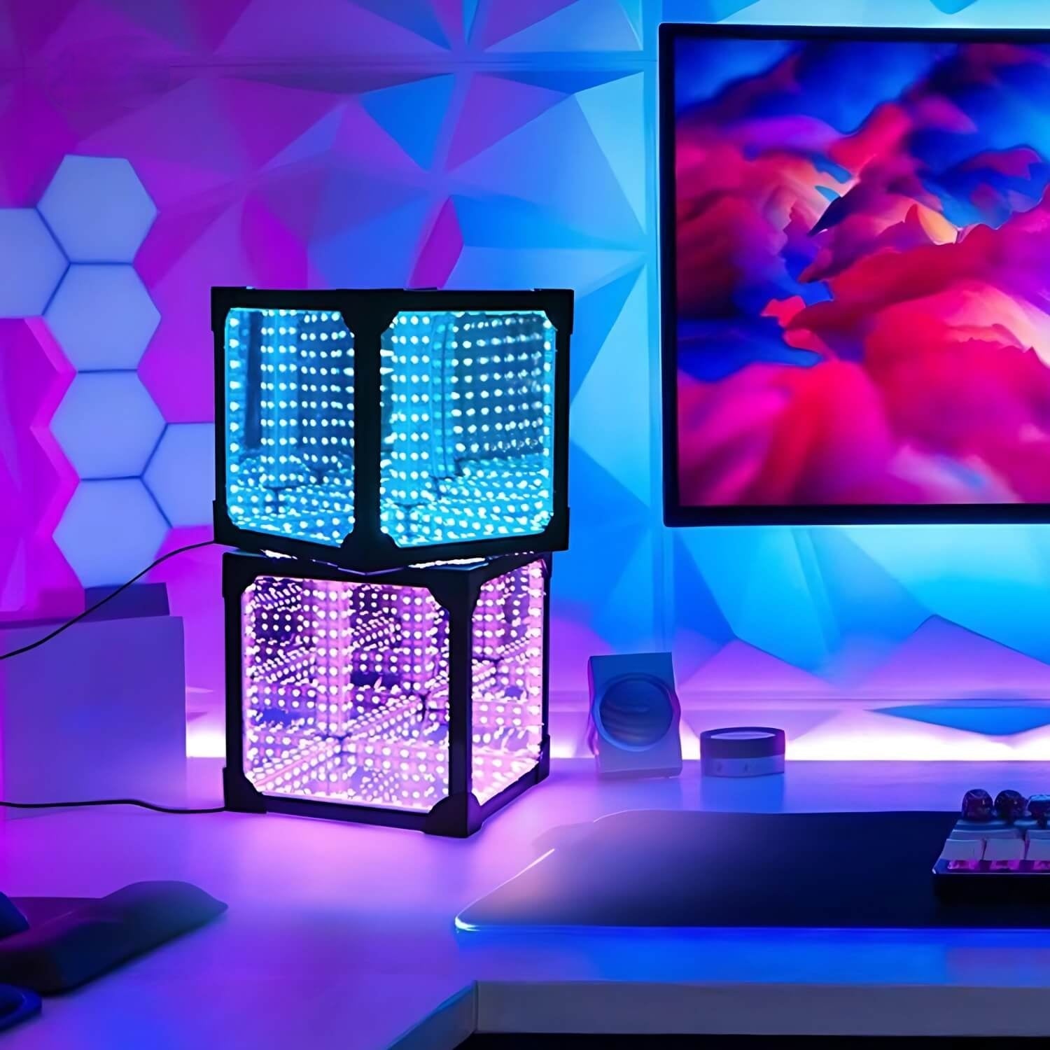 3D LED Kula Świetlna z Iluzją Głębi – LumaCore-12-ścian 20x20x20cm-Trend Polska