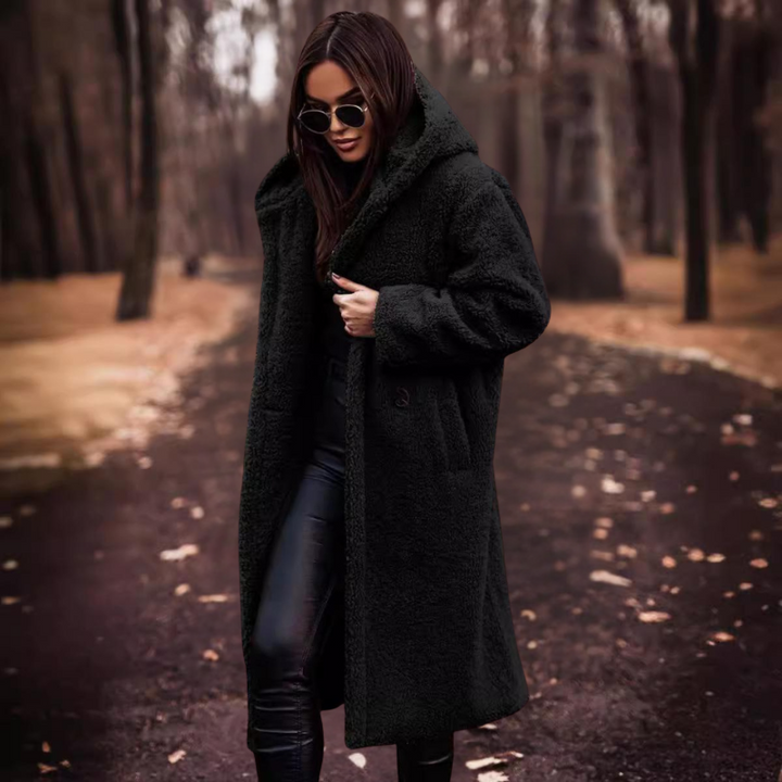 Długi damski teddymantel z kapturem – Maren