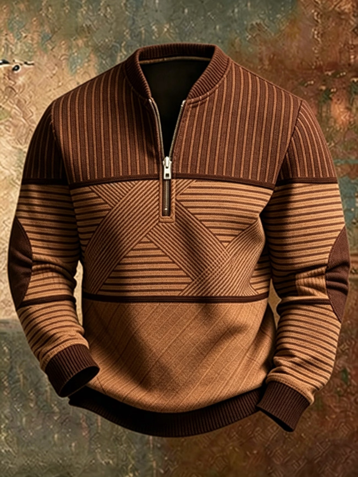 Sweter w brązowej wersji w odcieniach karmelu i czekolady, z prążkowaną górą, geometrycznym wzorem i łatami na łokciach. 4