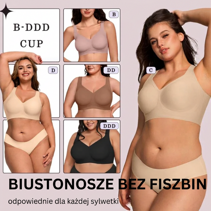 Kolaż modelek o różnych sylwetkach w biustonoszach bezprzewodowych w rozmiarach od B do DDD 14