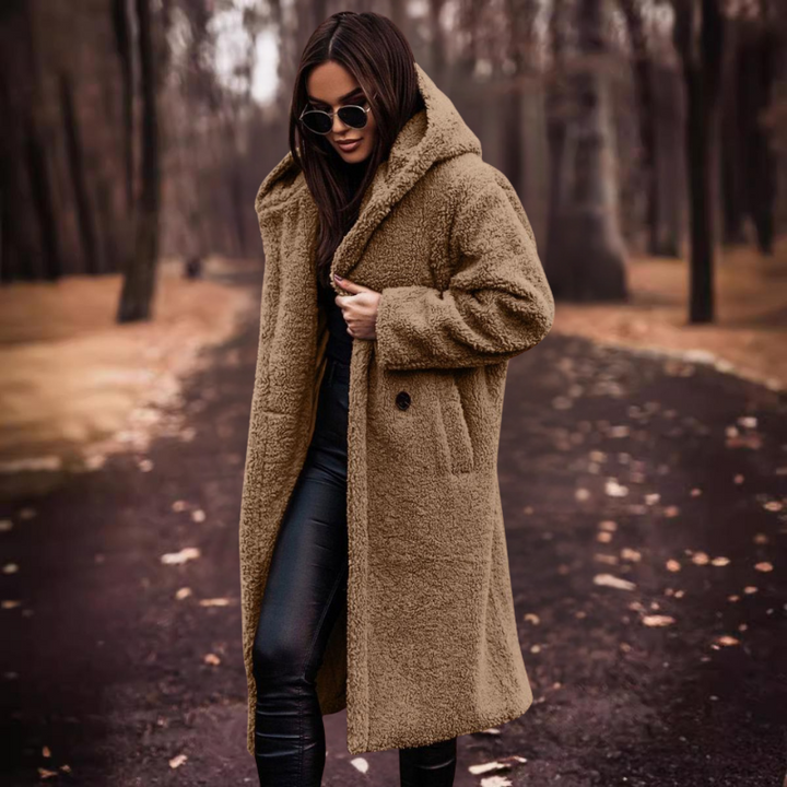 Długi damski teddymantel z kapturem – Maren