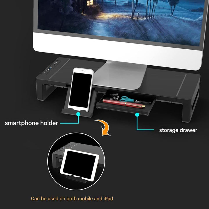 Regulowany stojak na monitor z szufladą – Stravon