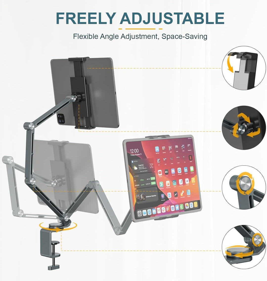 Regulowany uchwyt na tablet z aluminium z obrotem 360° – Movaro