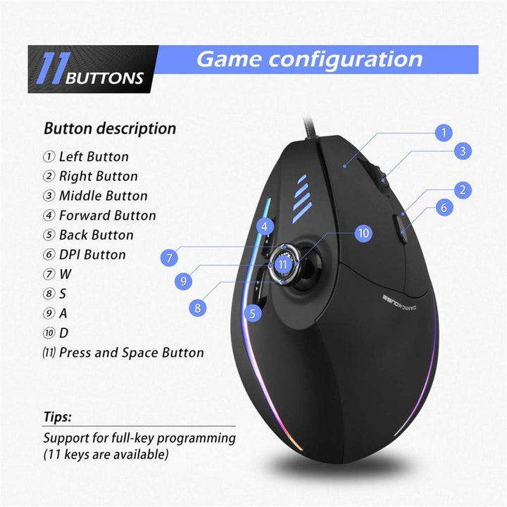 Pionowa mysz RGB do gier z joystickiem i 11 programowalnymi przyciskami – Kryvos