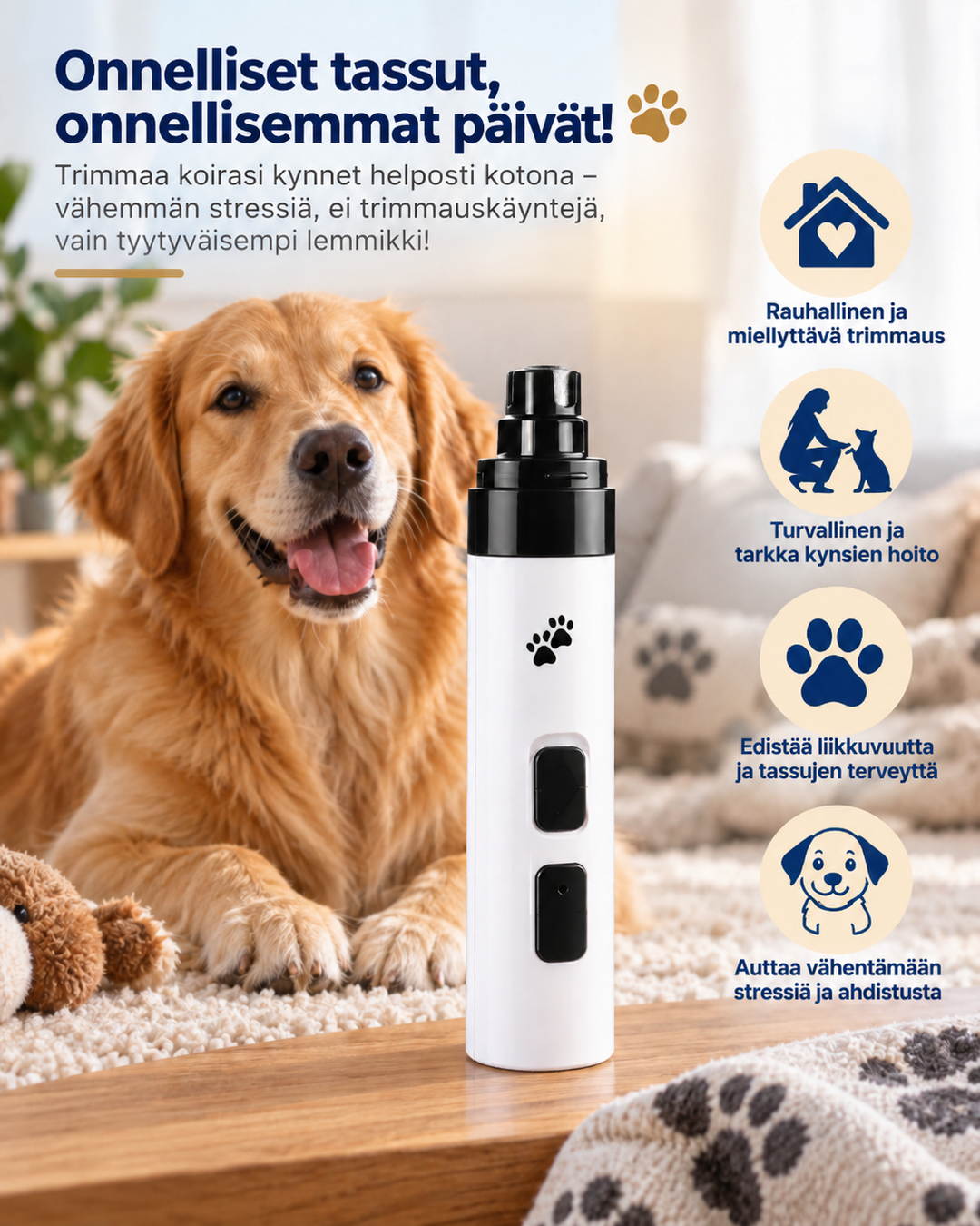 Grinder na stole obok leżącego golden retrievera, z czterema ikonami zalet po prawej stronie 5