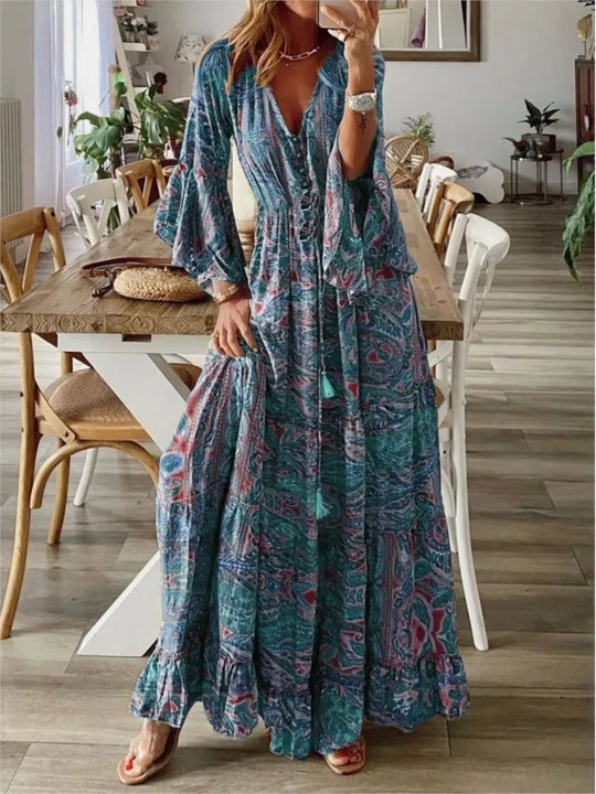 Sukienka maxi w stylu boho o płynnym kroju i detalach – Amira