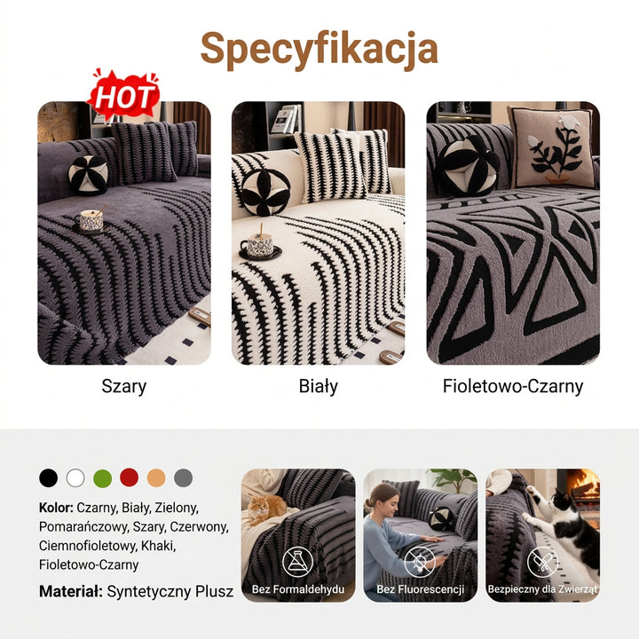 Trzy wzory narzuty: szara, biała i fioletowo-czarna, z paletą kolorów i zdjęciami z kotami 8