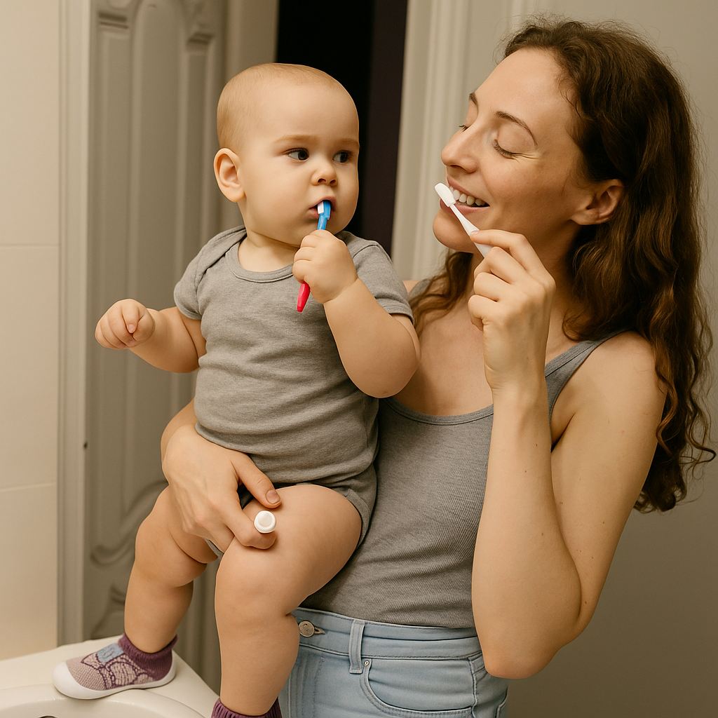 Mama myje zęby i trzyma na rękach niemowlę ze szczoteczką, a maluch ma na stopach różowo-fioletowe buciki z białą podeszwą. 4