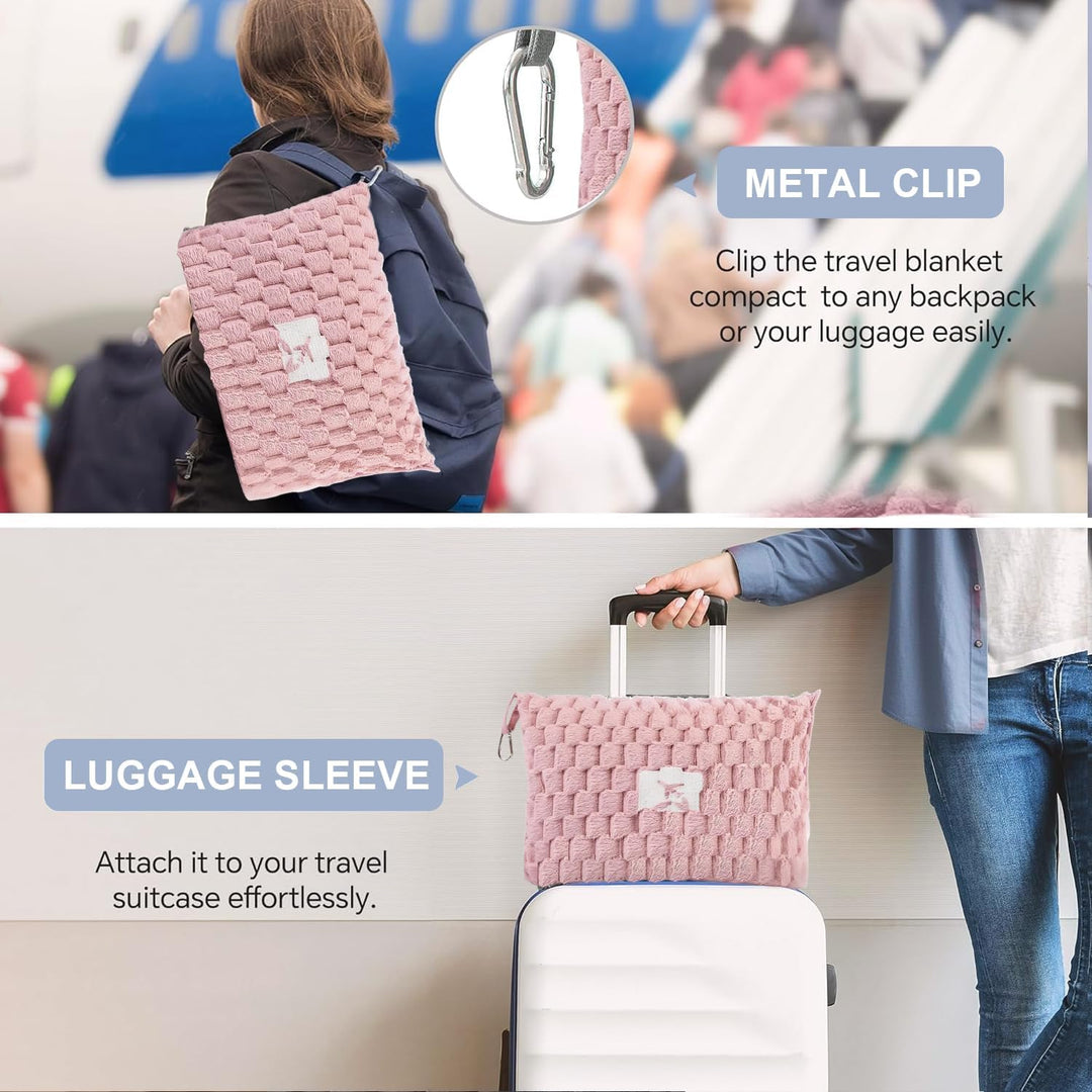 Pakowalny flanelowy koc podróżny z kieszenią na poduszkę i otworem na bagaż – Trevora