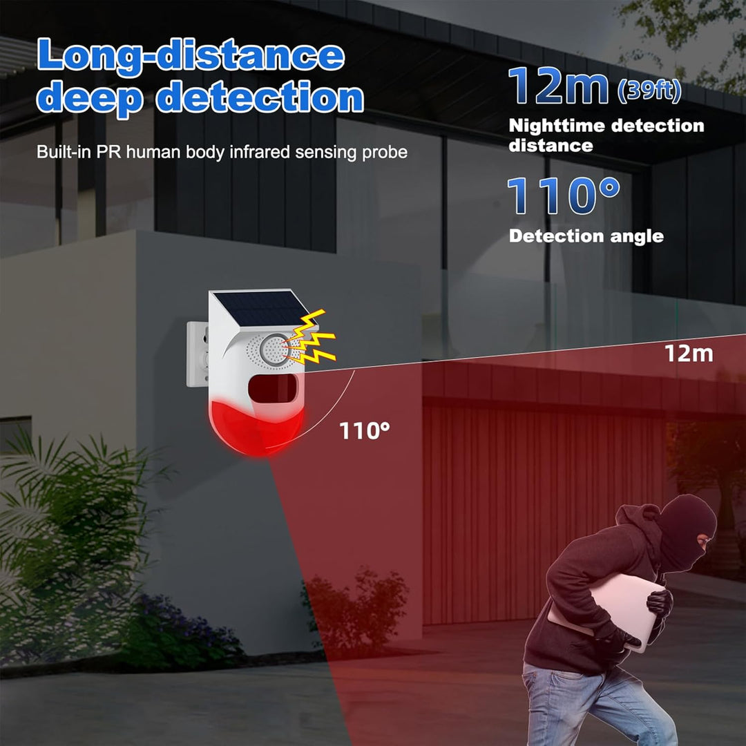 Alarm z czujnikiem ruchu solarnym z syreną 120 dB i stroboskopem LED – Feronix