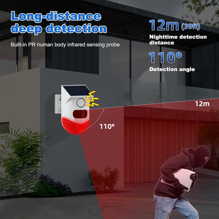 Alarm z czujnikiem ruchu solarnym z syreną 120 dB i stroboskopem LED – Feronix