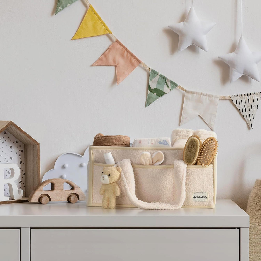 Baby Nappy Caddy Organizer – Pluszowy kosz do przechowywania Sherpa z przegrodami – Elvoria