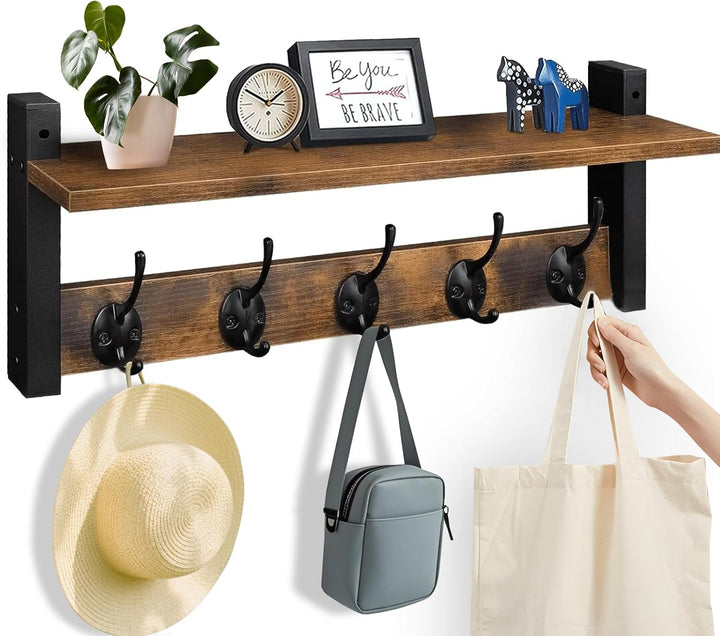 Wieszaki ścienne z półką i 5 metalowymi hakami - Ravora
