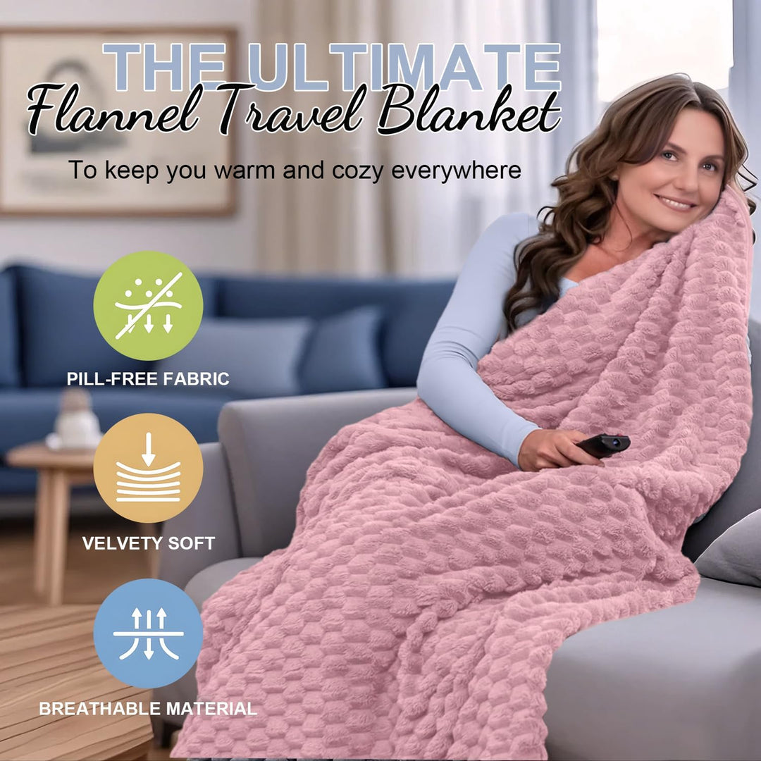Pakowalny flanelowy koc podróżny z kieszenią na poduszkę i otworem na bagaż – Trevora