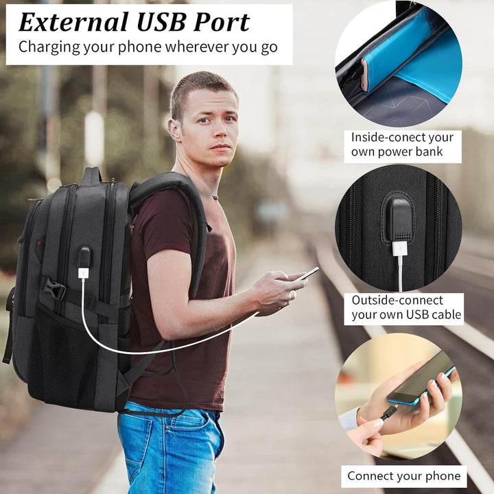 Plecak podróżny na laptopa odporny na wodę z portem USB i zorganizowanym miejscem do przechowywania