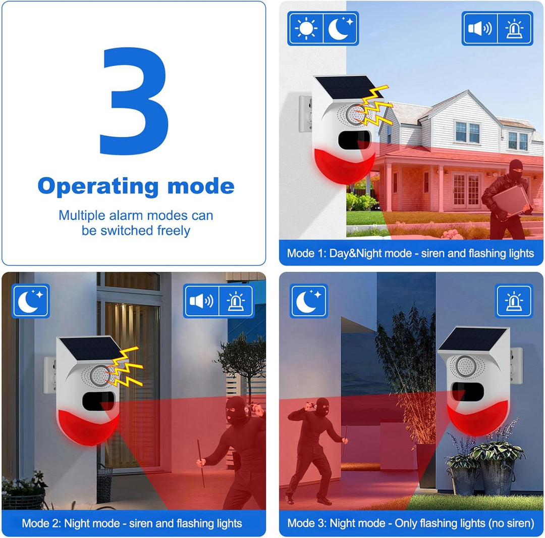 Alarm z czujnikiem ruchu solarnym z syreną 120 dB i stroboskopem LED – Feronix
