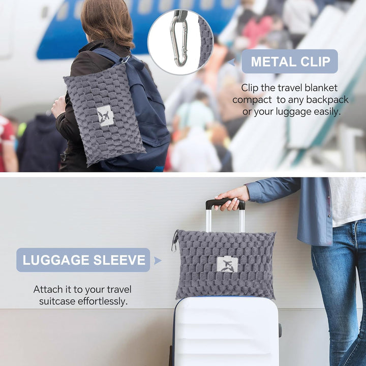 Pakowalny flanelowy koc podróżny z kieszenią na poduszkę i otworem na bagaż – Trevora