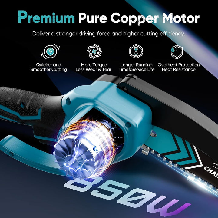 Akumulatorowa mini piła łańcuchowa 15.24 cm z lampą LED i akumulatorem 21V – TimberCut