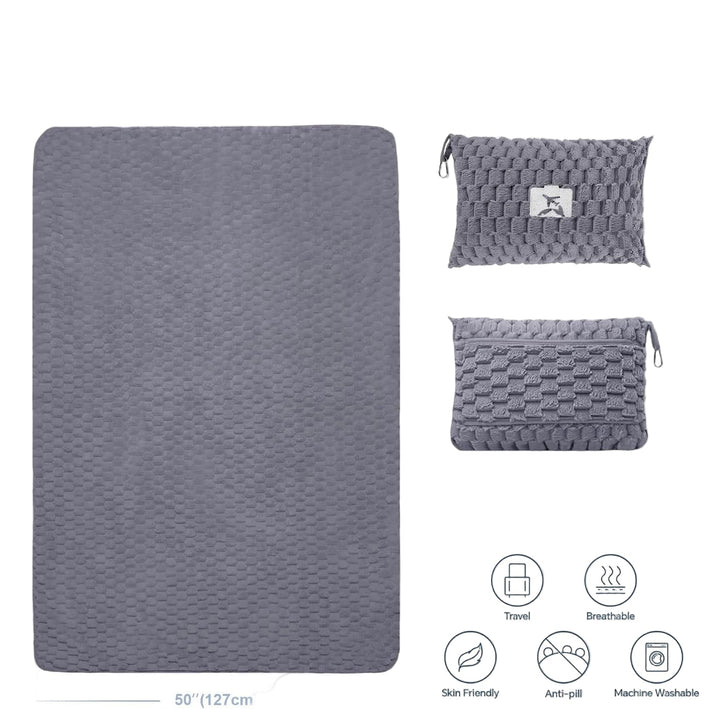 Pakowalny flanelowy koc podróżny z kieszenią na poduszkę i otworem na bagaż – Trevora