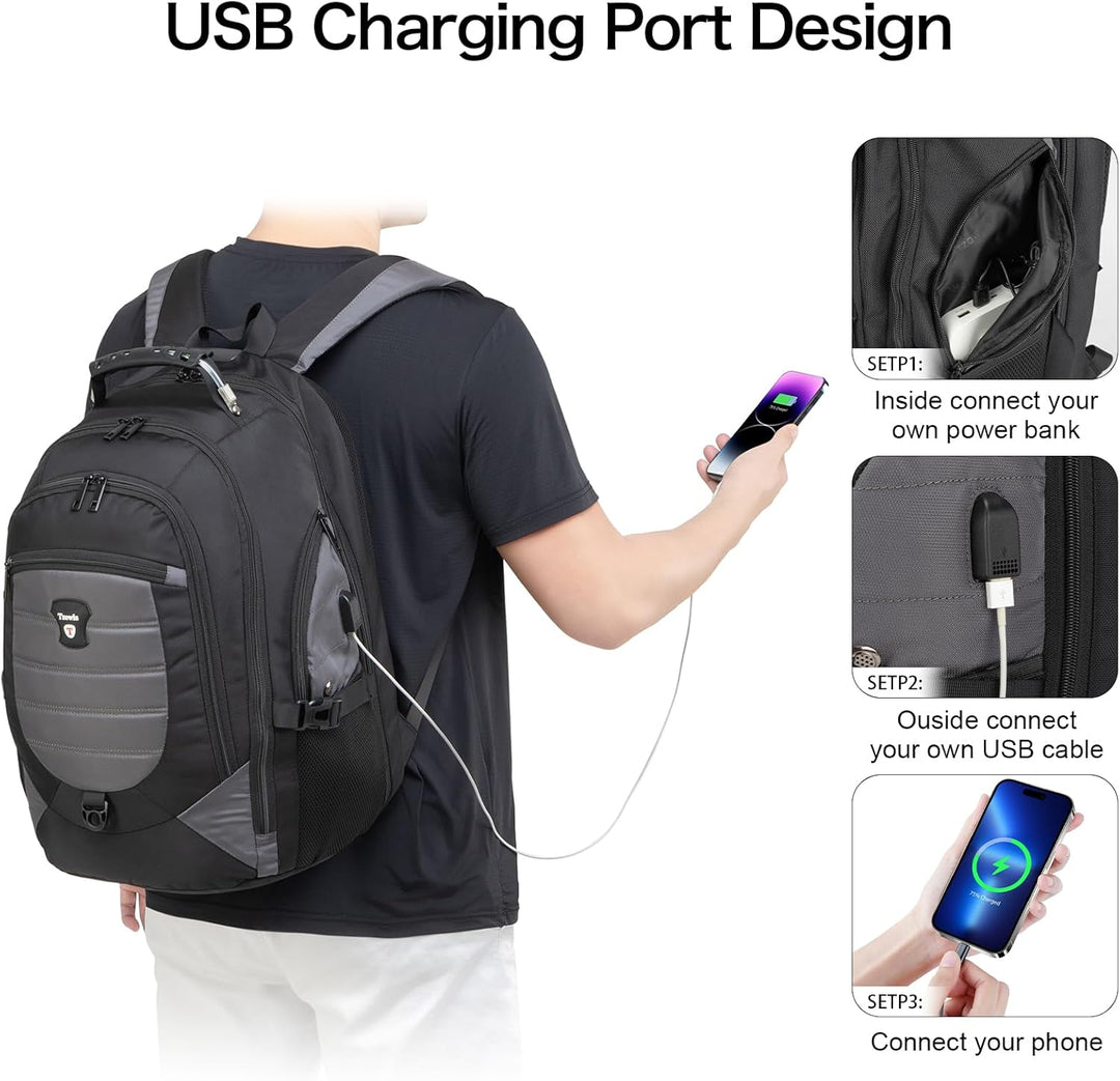 Plecak podróżny i laptopowy odporny na wodę z funkcją antykradzieżową i portem USB – 17,3"