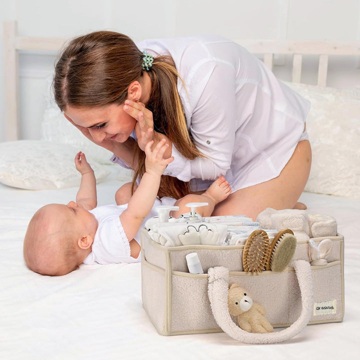 Baby Nappy Caddy Organizer – Pluszowy kosz do przechowywania Sherpa z przegrodami – Elvoria