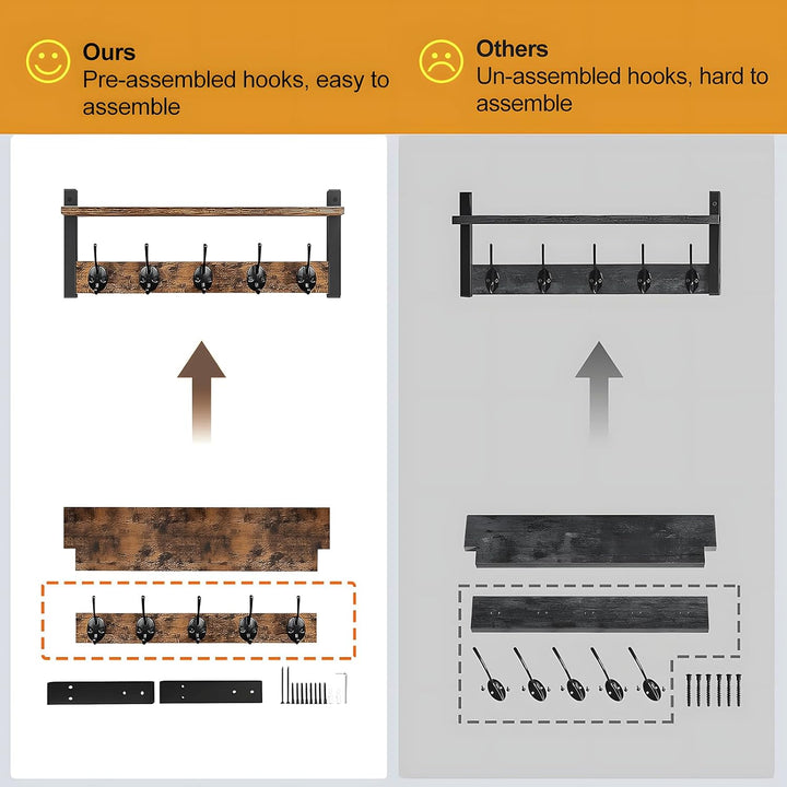 Wieszaki ścienne z półką i 5 metalowymi hakami - Ravora