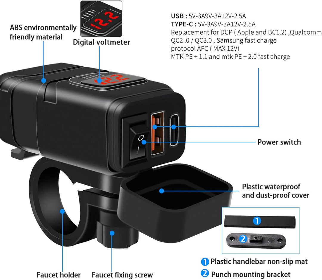 Motocyklowa ładowarka USB i Typ-C z szybkim ładowaniem z woltomierzem – Drayvik