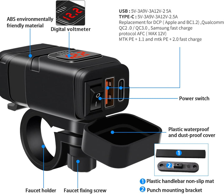 Motocyklowa ładowarka USB i Typ-C z szybkim ładowaniem z woltomierzem – Drayvik