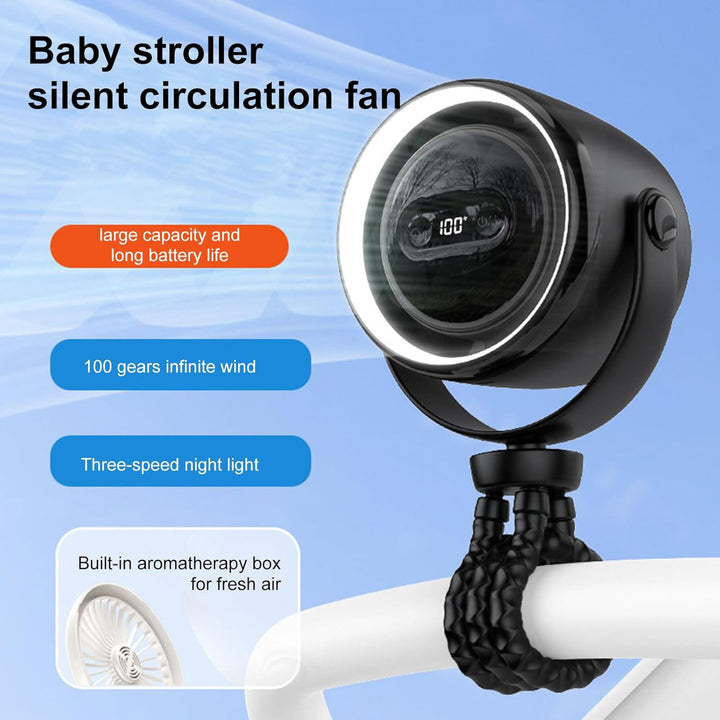 Rechargeable clip-on stroller fan with night light 100 speeds