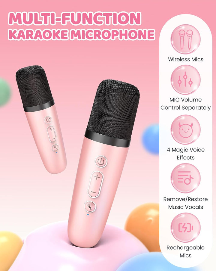 Przenośna mini maszyna karaoke z głośnikiem Bluetooth i 2 bezprzewodowymi mikrofonami – Veylo