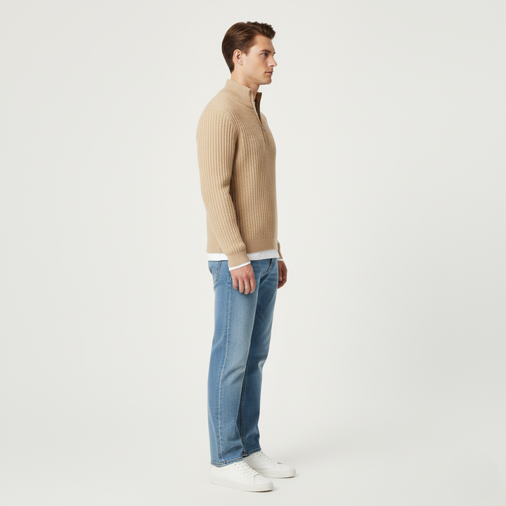 Męski Beżowo-Brązowy Sweter na Zamek