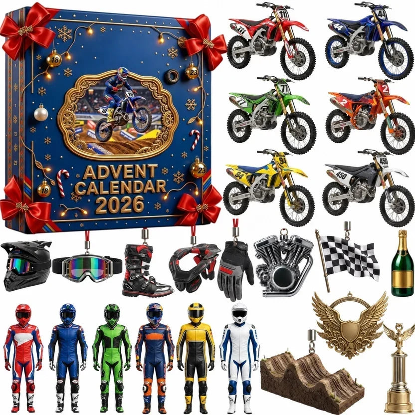 Granatowe pudełko ze świątecznymi kokardami, motocykle crossowe, kombinezony, kask, gogle, buty i inne zawieszki wyłożone 3
